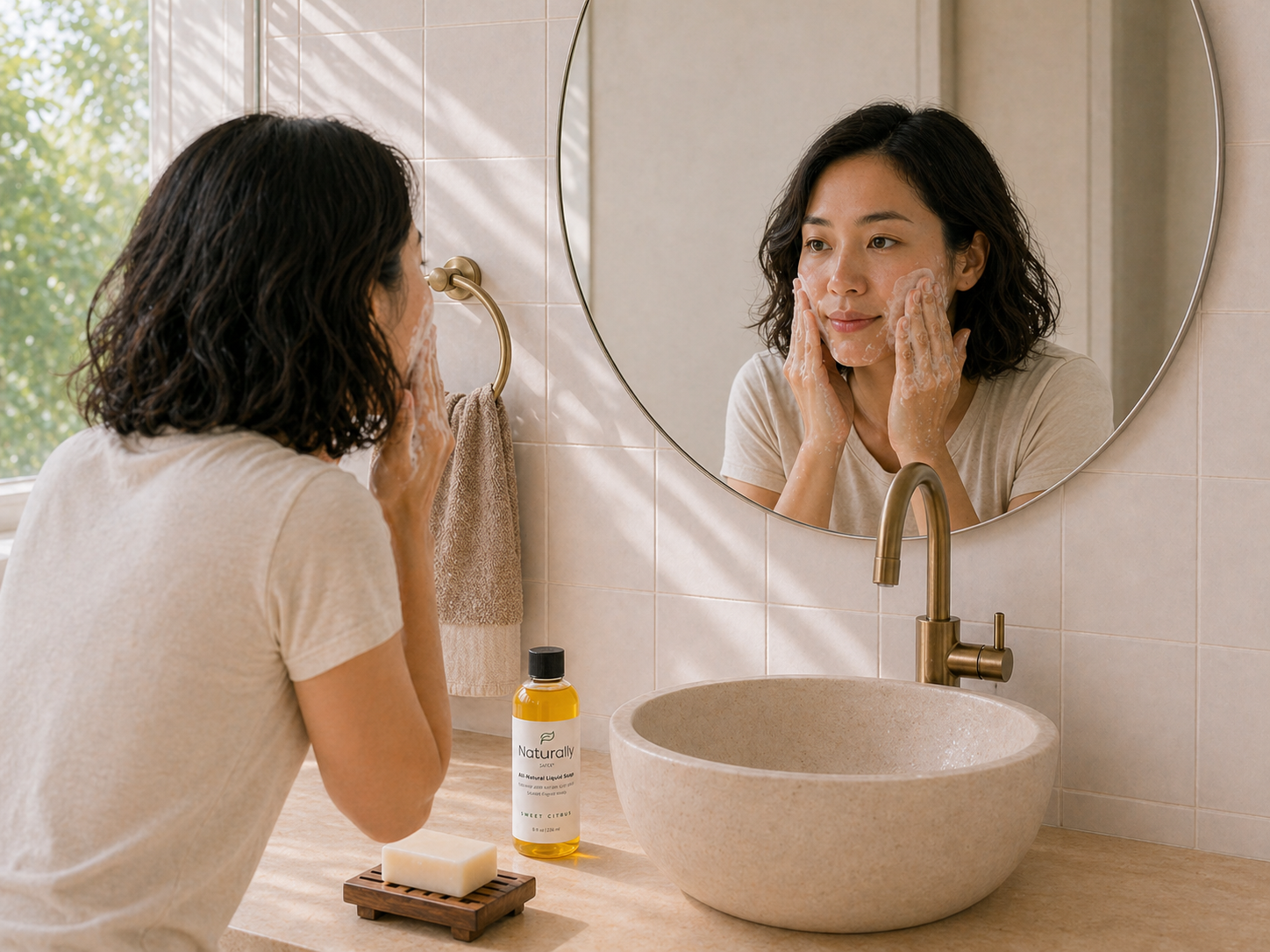 A woman looking in the mirror and applying liquid soap to her face, in front of a sink in a bathroom.