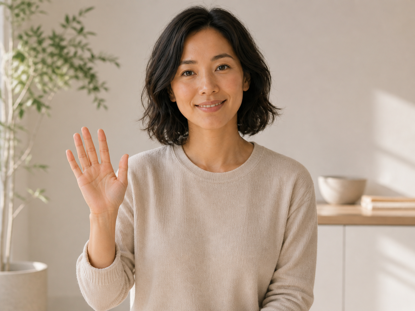 Woman waving hello in a home setting with a neutral background