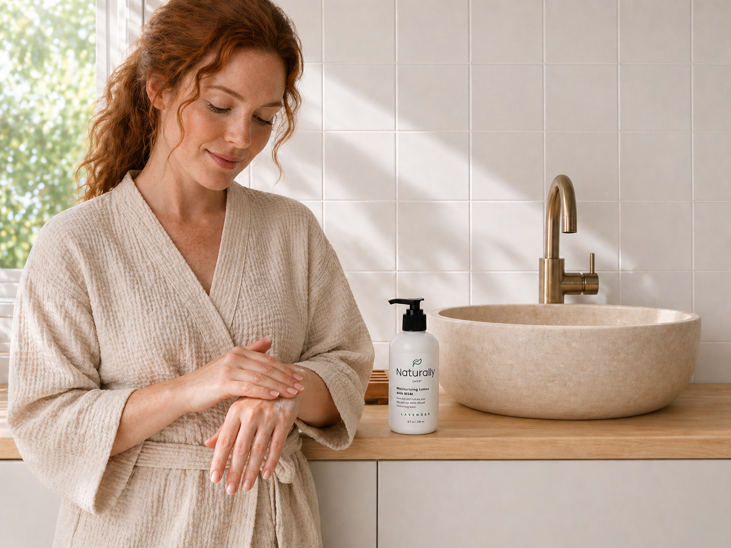 Woman in a beige robe applying lotion next to a sink and bottle of lotion.